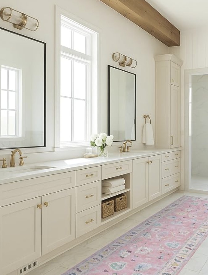 A long painted-cream double vanity with open shelving, brass hardware, and framed mirrors