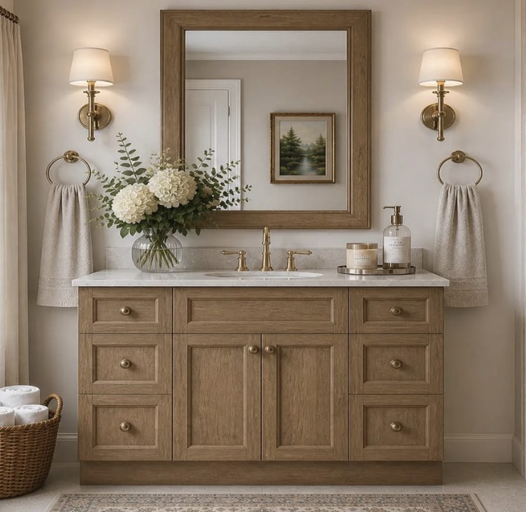 A white-oak furniture vanity with recessed drawers, a framed mirror, and brass fixtures