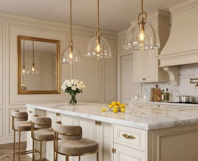 A luminous kitchen with light hand-painted inset cabinetry and warm natural finishes