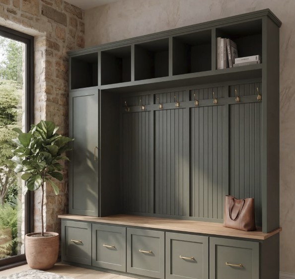 A built-in sage-green mudroom with cubbies, coat hooks, a wood bench top, and drawer storage